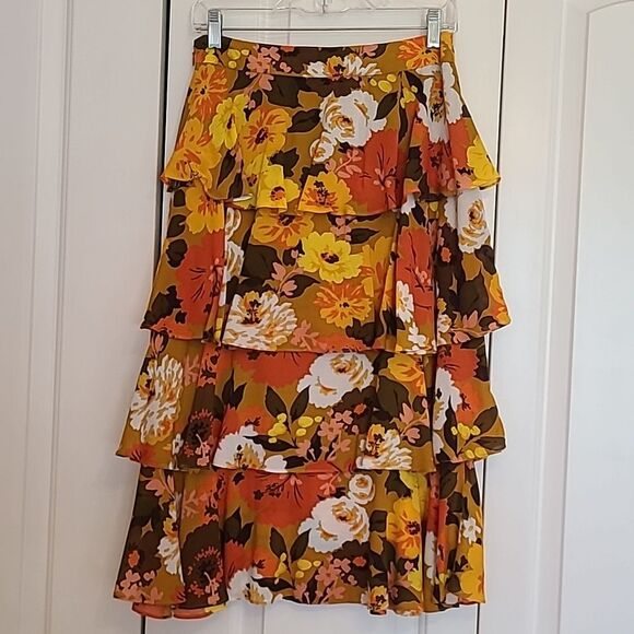 Anthropologie Mavis Tiered Floral Midi Skirt Yellow & Orange Size 4 - Picture 7 of 13